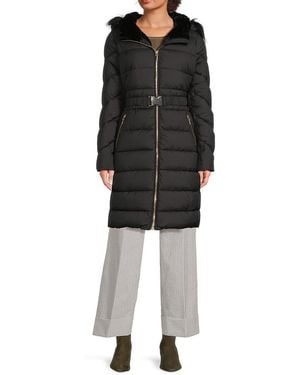 Halston Faux Fur-Trim Belted Puffer Coat - Black