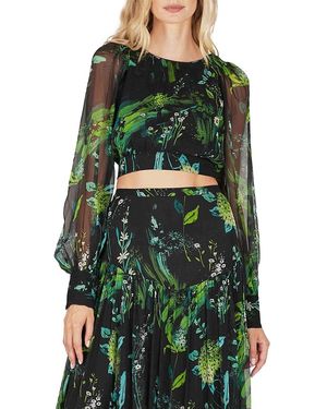 SECRET MISSION Santa Elena Ramona Floral Bishop Sleeve Open-Back Crop Top - Green