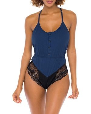 Oh La La Cheri Scoopneck Lace Trim Bodysuit - Blue