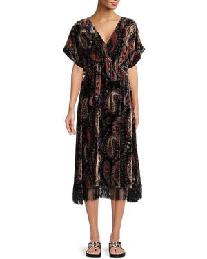 Johnny Was Paisley Velvet Fringe Dress - Black