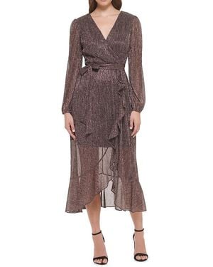 Kensie Metallic Crinkle Belted Midi-dress - Brown