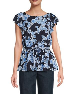 Tommy Hilfiger Waist Tie Paisley Peplum Top - Blue