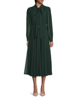 Mikael Aghal Belted Tie-Neck Long-Sleeve Midi-Dress - Green