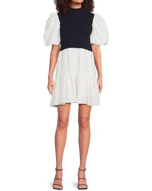 English Factory Mixed-Media Puff-Sleeve Minidress - Black