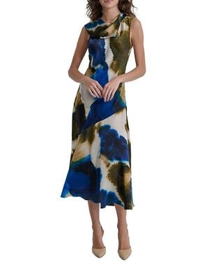 DKNY Printed Draped-Neck Midi-Dress - Blue