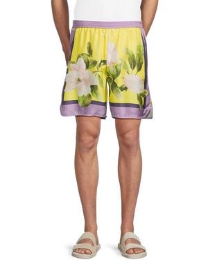 Valentino Floral Silk Elastic-Waist Shorts - Yellow