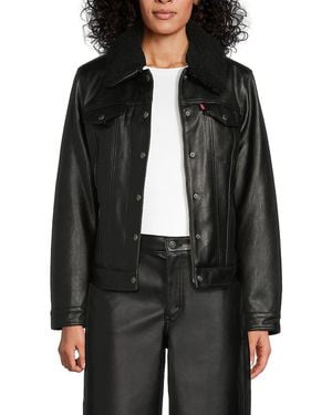 Levi's Faux Leather & Faux Shearling Trimmed Collar Trucker Jacket - Black