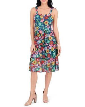 Kensie Floral Embroidery Tiered Fit-&-Flare Midi-Dress - Blue
