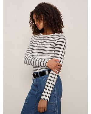 Sanctuary Button Front Ribbed Top Chalk / Black Stripe - Blue