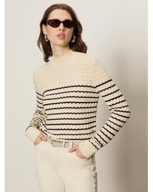 Sanctuary Forever Striped Mock Neck Vanilla Creme With Black Stripe - Natural