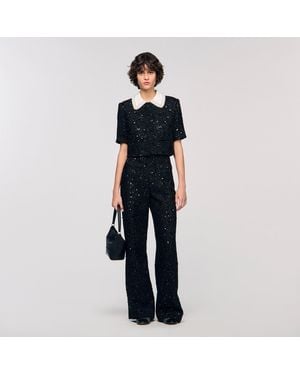 Sandro Rhinestone Tweed Cropped Jacket - Blue