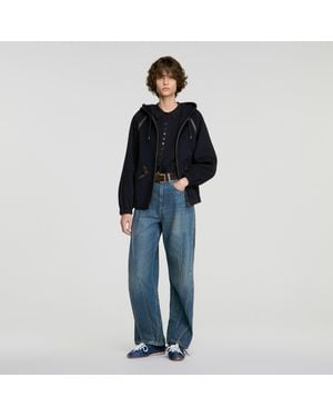 Sandro Hooded Wool And Leather Coat - Blue