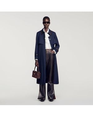 Sandro Trench With Pleated Leather Collar - Blue