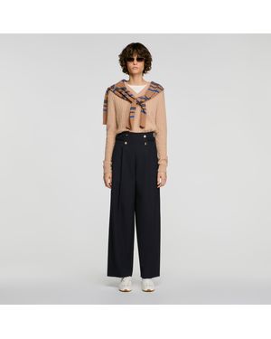 Sandro Buttoned Wide-Leg Wool Trousers - Black