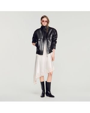 Sandro Standing Collar Leather Jacket - Black