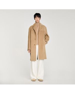 Sandro Long Belted Leather Coat - Natural