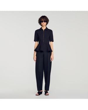 Sandro Peplum T-Shirt With Polo Collar - Blue