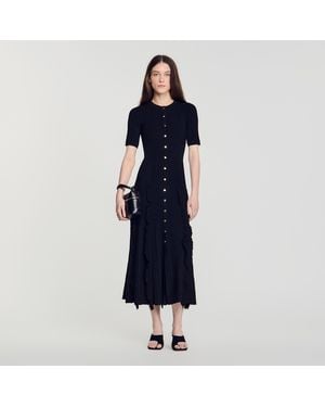 Sandro Knit Maxi Dress With Ruffles - Blue