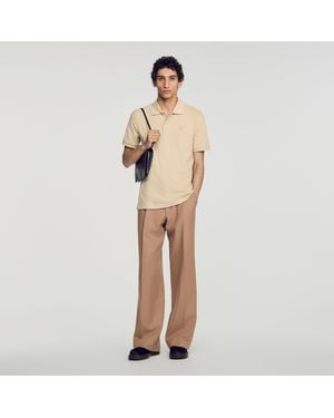 Sandro Cotton Polo Shirt With Leather Logo - Natural