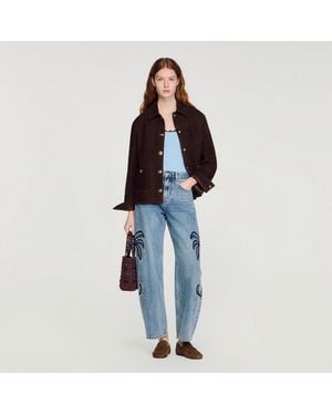 Sandro Palm-Embroidered Wide Barrel Jeans - Blue