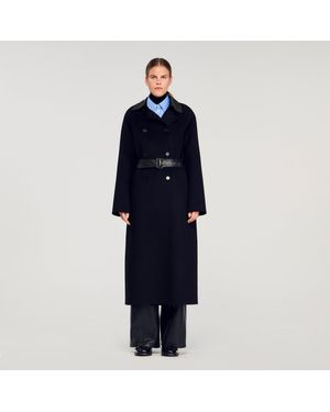 Sandro Long Wool And Leather Coat - Blue