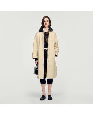 Sandro Long Coat With Leather Collar - Natural