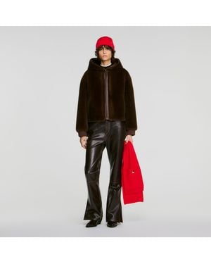Sandro Faux Fur Coat With Hood - Red