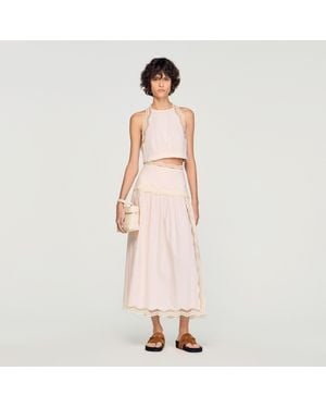 Sandro Long Cotton Skirt With Trim - Pink