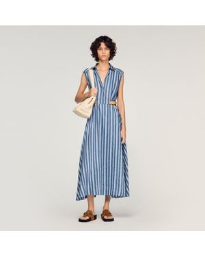 Sandro Striped Maxi Dress With Leather Tab - Blue