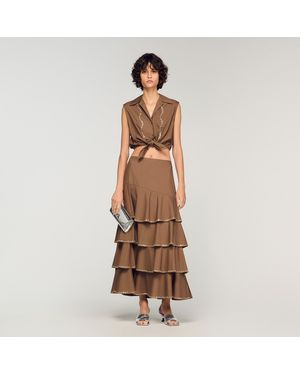 Sandro Long Ruffled Rhinestone Skirt - Brown