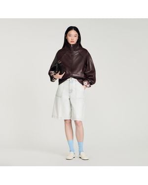 Sandro Oversized Zip-Up Leather Jacket - Brown