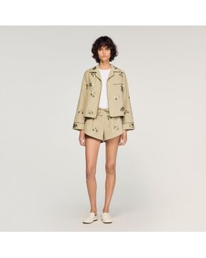 Sandro Floral Embroidered Striped Shorts - Natural
