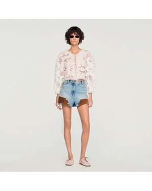 Sandro Floral Openwork Crop Top - Blue
