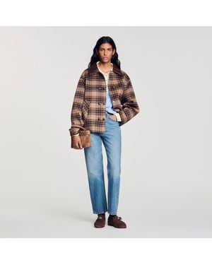 Sandro Check Jacket With Leather Collar - Blue
