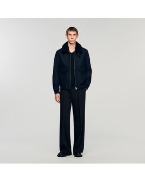 Sandro Wool Aviator Jacket With Shearling - Blue