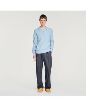 Sandro Ribbed Wool Polo Shirt - Blue