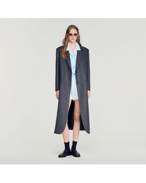 Sandro Long Wool Coat With Rhinestones - Blue