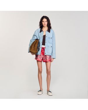 Sandro Denim Jacket With Leather Collar - Red