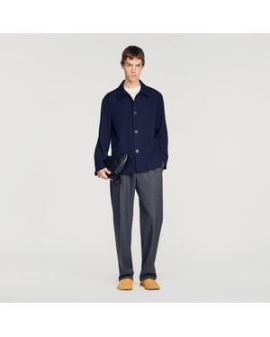 Sandro Buttoned Wool Worker Jacket - Blue