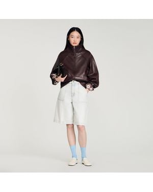 Sandro Oversized Zip-Up Leather Jacket - Brown
