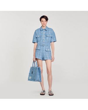 Sandro Button-Embellished High-Rise Tweed Shorts - Blue