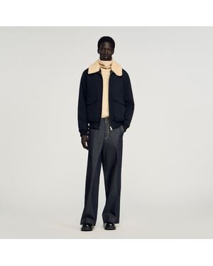 Sandro Shearling Collar Aviator Jacket - Blue