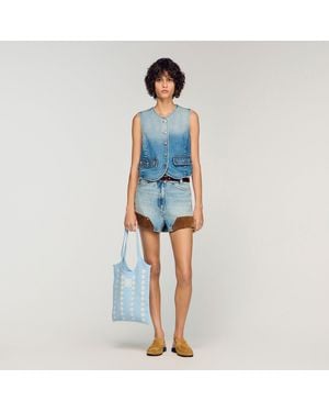 Sandro Cropped Studded Denim Jacket - Blue