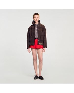 Sandro Studded Suede Leather Jacket - Red