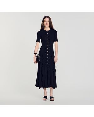 Sandro Knit Maxi Dress With Ruffles - Blue