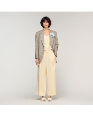 Sandro Satin Wide-Leg Trousers - Natural