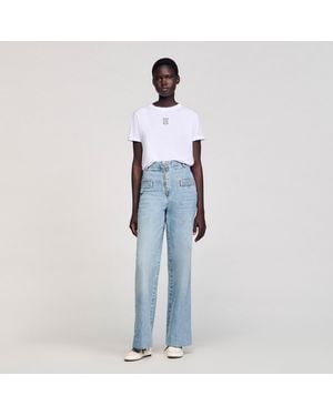 Sandro Cotton T-Shirt With Embroidery - Blue