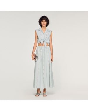 Sandro Rhinestone Striped Long Skirt - White