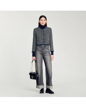 Sandro Cropped Tweed Jacket - Blue