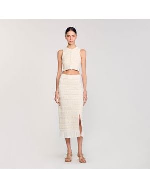 Sandro Long Skirt With Crochet Detailing - Natural